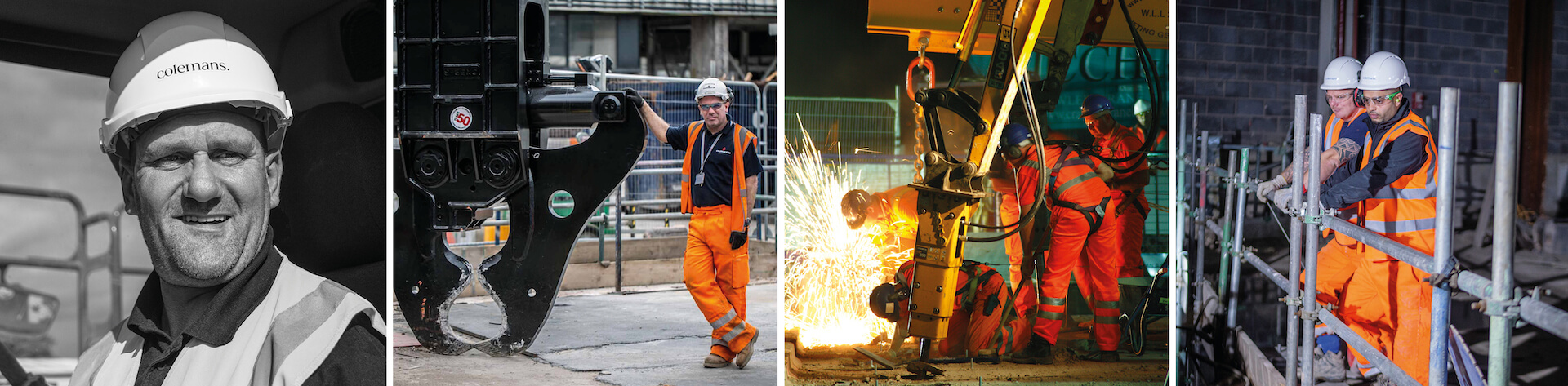 four images of workmen onsite wearing protective wear. Image one is a machine operative smiling, second image is of a man leaning on an ultra large machinery pick/muncher, image 3 shows several workers carrying out hot works, sparks are flying. Image four shows two workers standing on a scaffold.