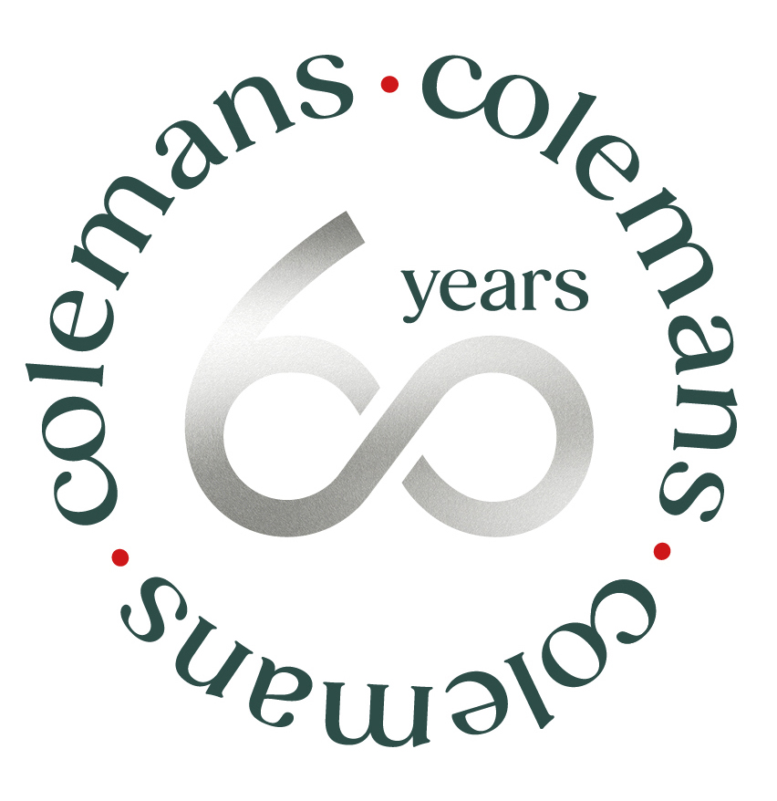 colemans-60th-anniversary logo. Reads; colemans 60 years.