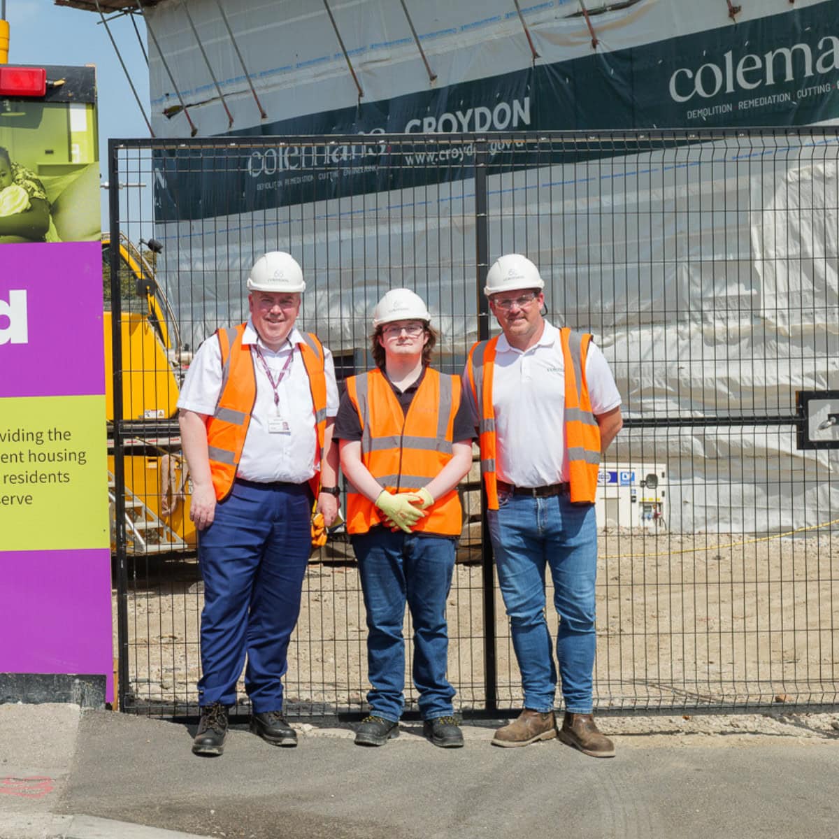 Mayor of Croydon with Colemans team member Lewis and Project Manager at Regina Road regeneration site.